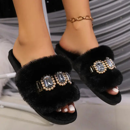 Crystal Slides with Plush Lining and Non Slip Sole for Women