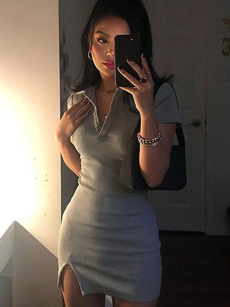 Breathable Knit Dress for Women with Short Sleeves and Subtle Slit