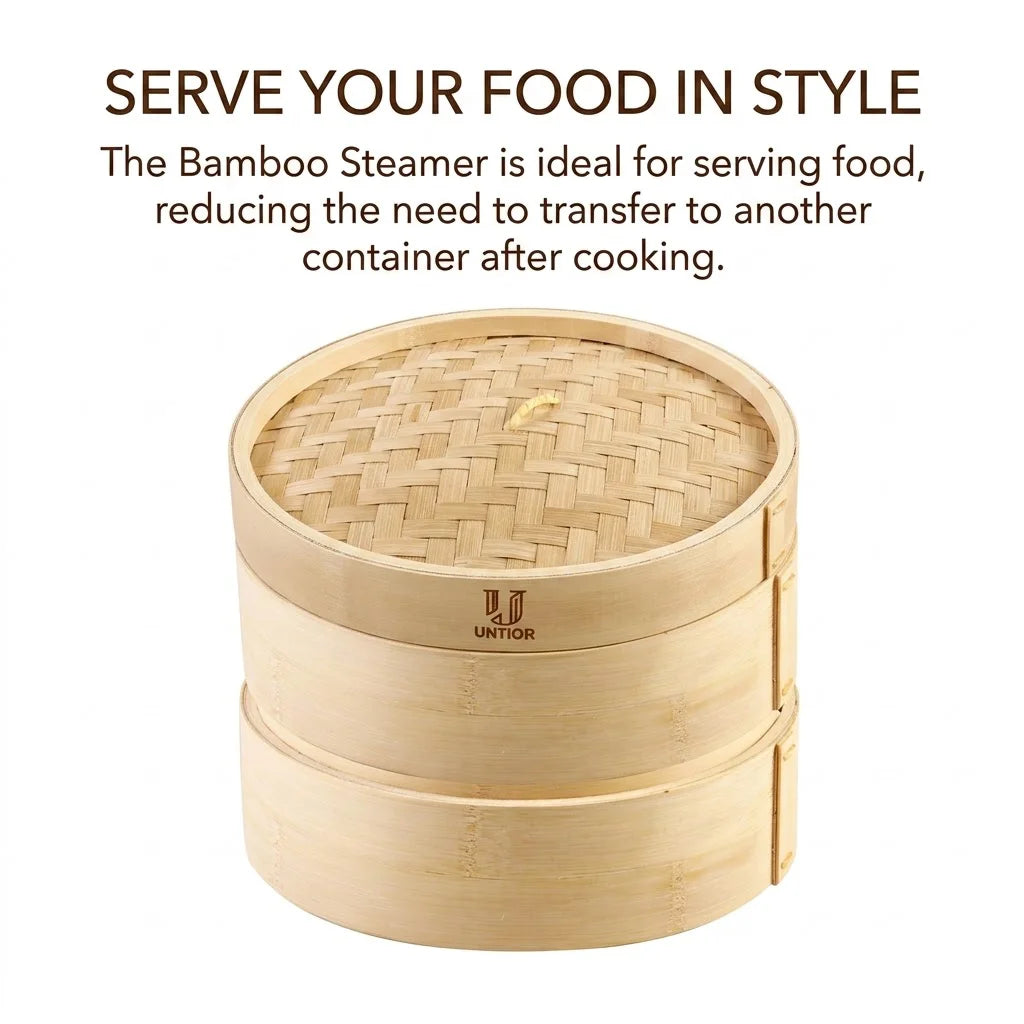 Stacked natural bamboo dumpling steamer with lid, featuring woven top and branded side.