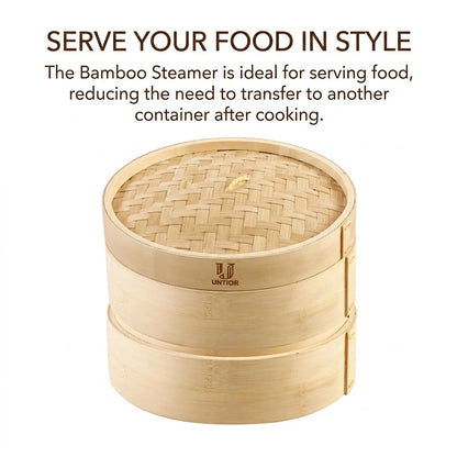Stacked natural bamboo dumpling steamer with lid, featuring woven top and branded side.