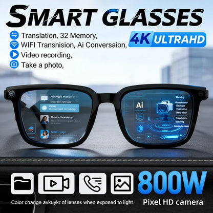 Black smart glasses with digital lenses and built-in camera for real-time translation and recording.