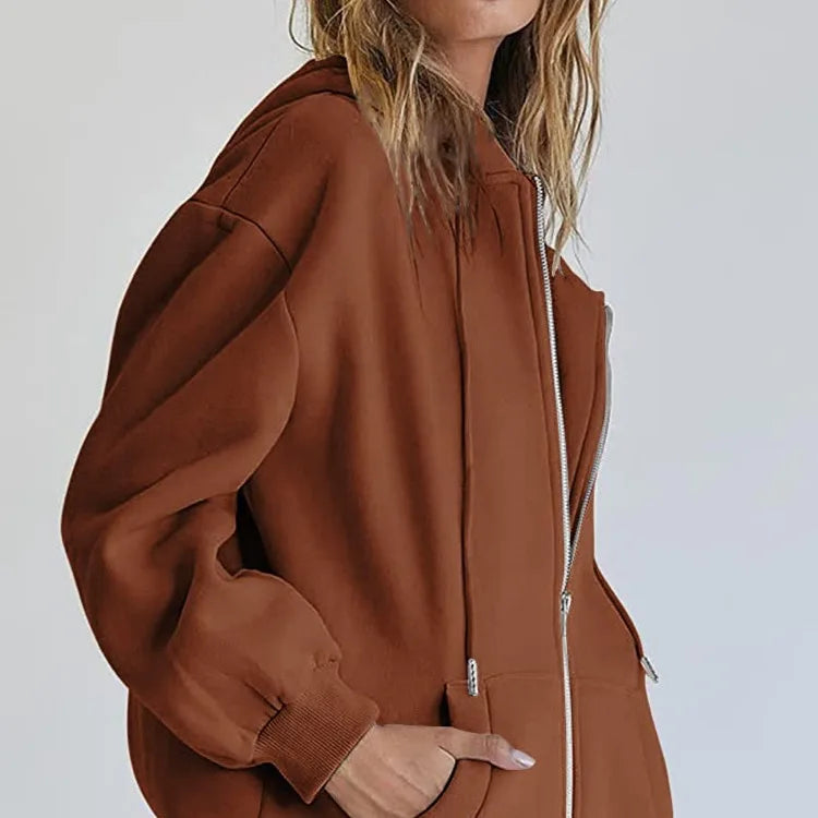Women's Cotton Blend Hooded Sweatshirt With Zipper And Drawstring Pocket Long Sleeve