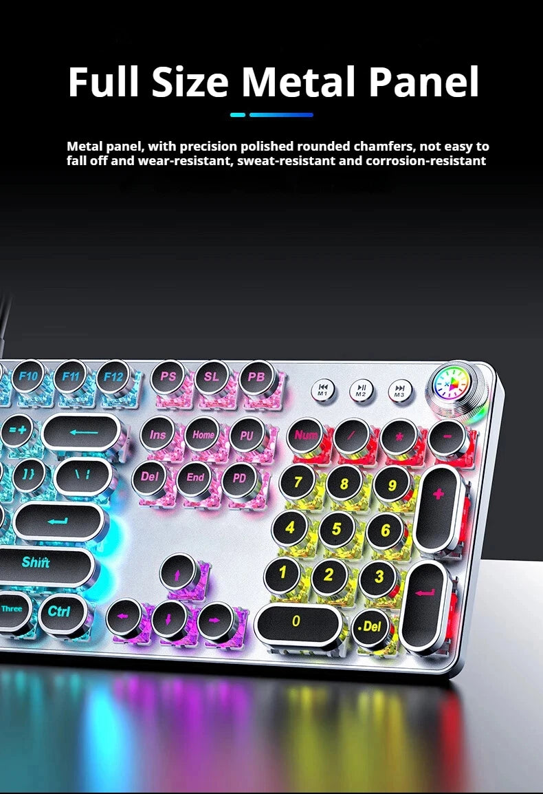 Retro typewriter mechanical gaming keyboard with RGB crystal keycaps