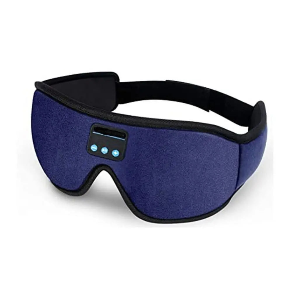Blue wireless sleep eye mask with built-in control panel, soft fabric, and black trim.