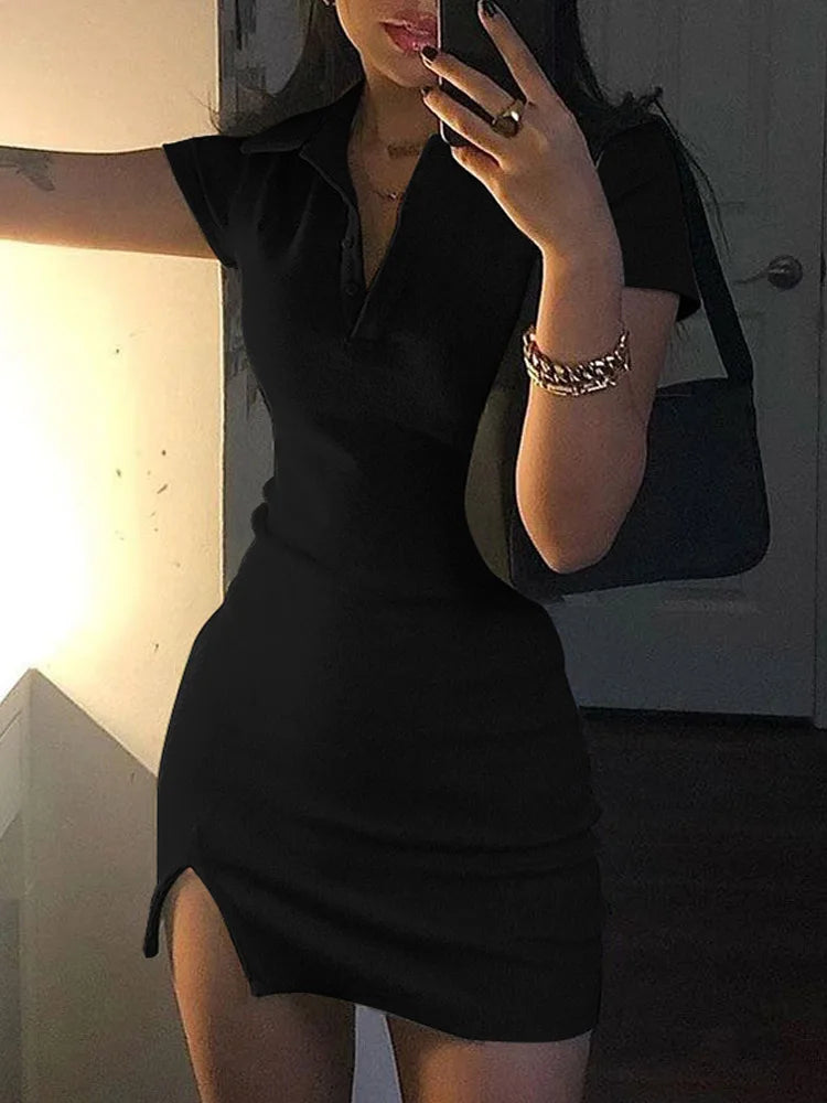 Breathable Knit Dress for Women with Short Sleeves and Subtle Slit