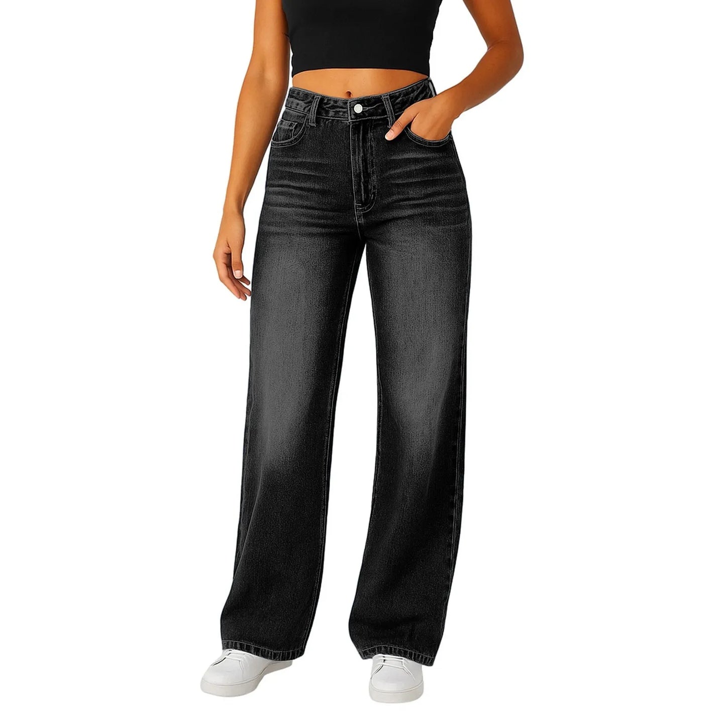 Soft Light Blue Wide Leg Jeans High Waist With Front Pockets Stretch
