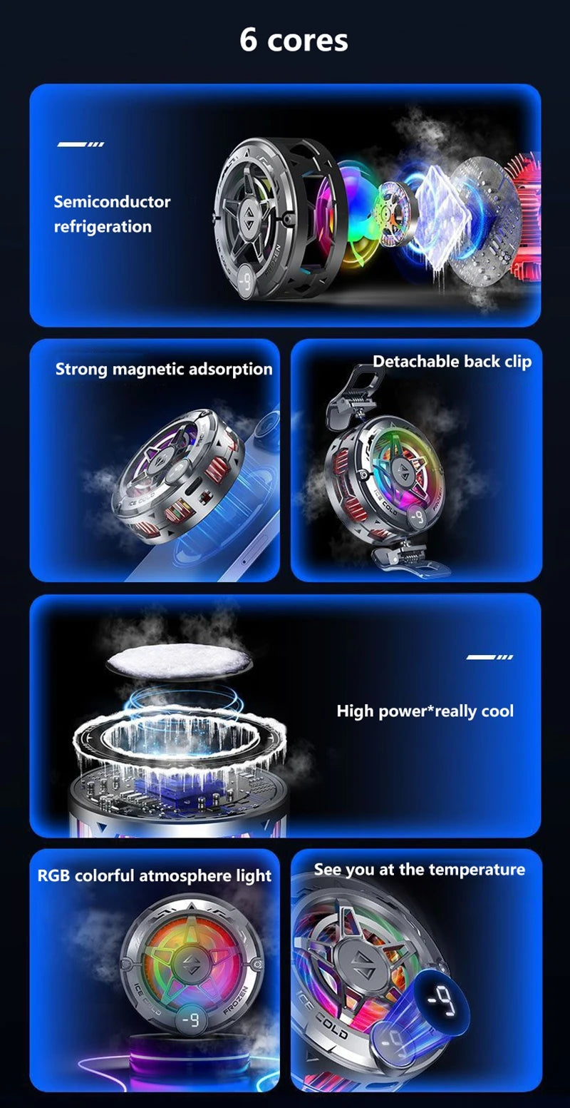 Black magnetic phone cooler with RGB LED lights, digital display, and clip for mobile gaming temperature control.