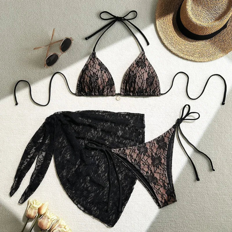Women's Lace Detail Bikini Set with Removable Padding and Low-Rise Bottoms
