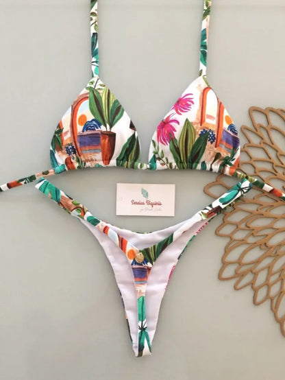 Women's Triangle Lace-Up Bikini Set with Adjustable Straps and Thong Bottom
