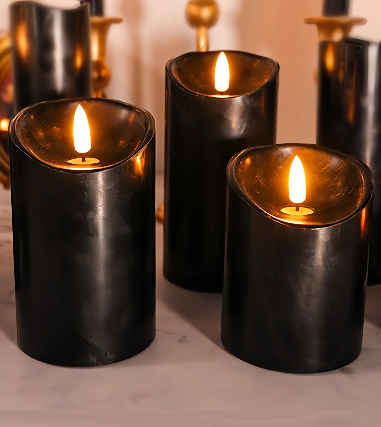Black 3D Wick Flameless LED Pillar Candles with Remote and Timer