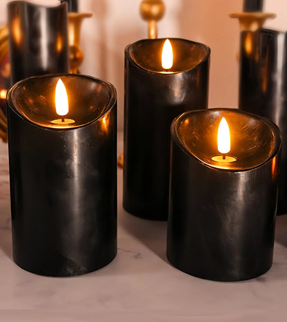 Black 3D Wick Flameless LED Pillar Candles with Remote and Timer