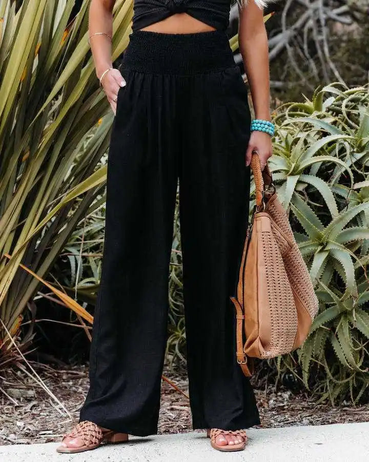Women's Nylon-Cotton Blend Pants With Drawstring Wide-Leg And Mid Rise Breathable