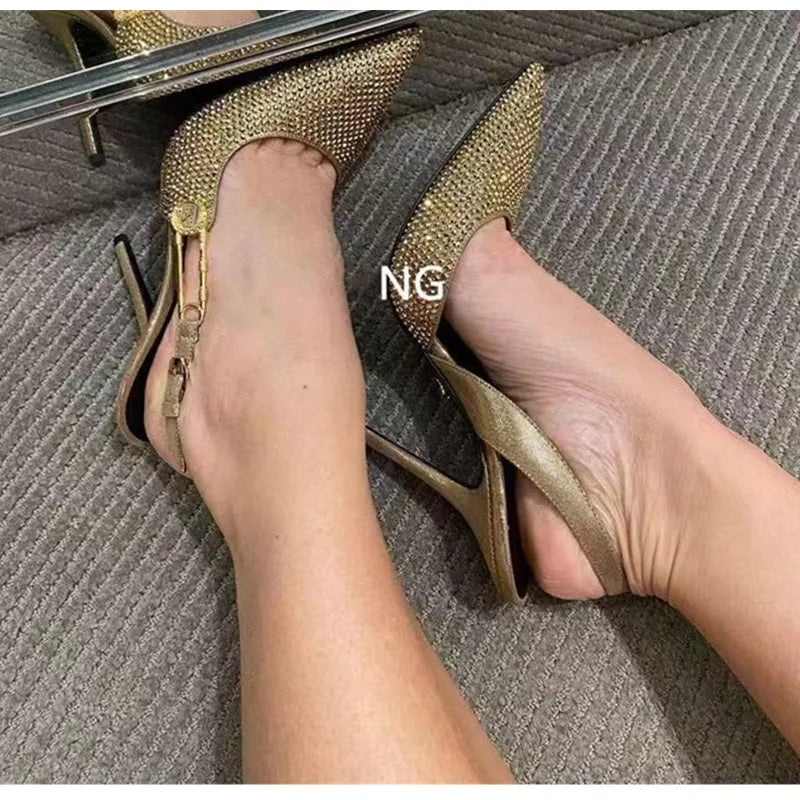 Sequined Slingback Pumps with Rhinestone Buckle for Women featuring Slim 9.6 cm Heel