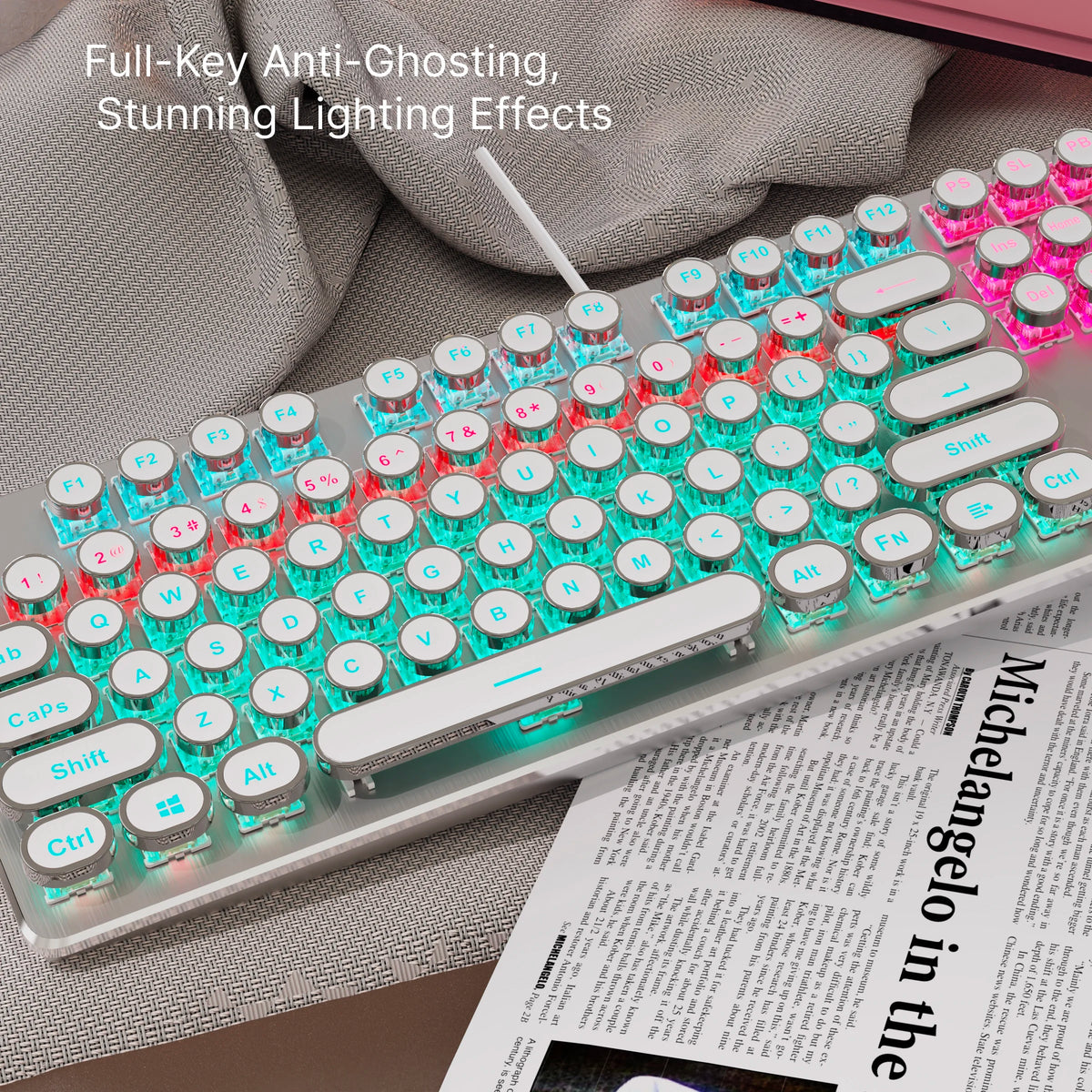 Retro typewriter mechanical gaming keyboard with RGB crystal keycaps