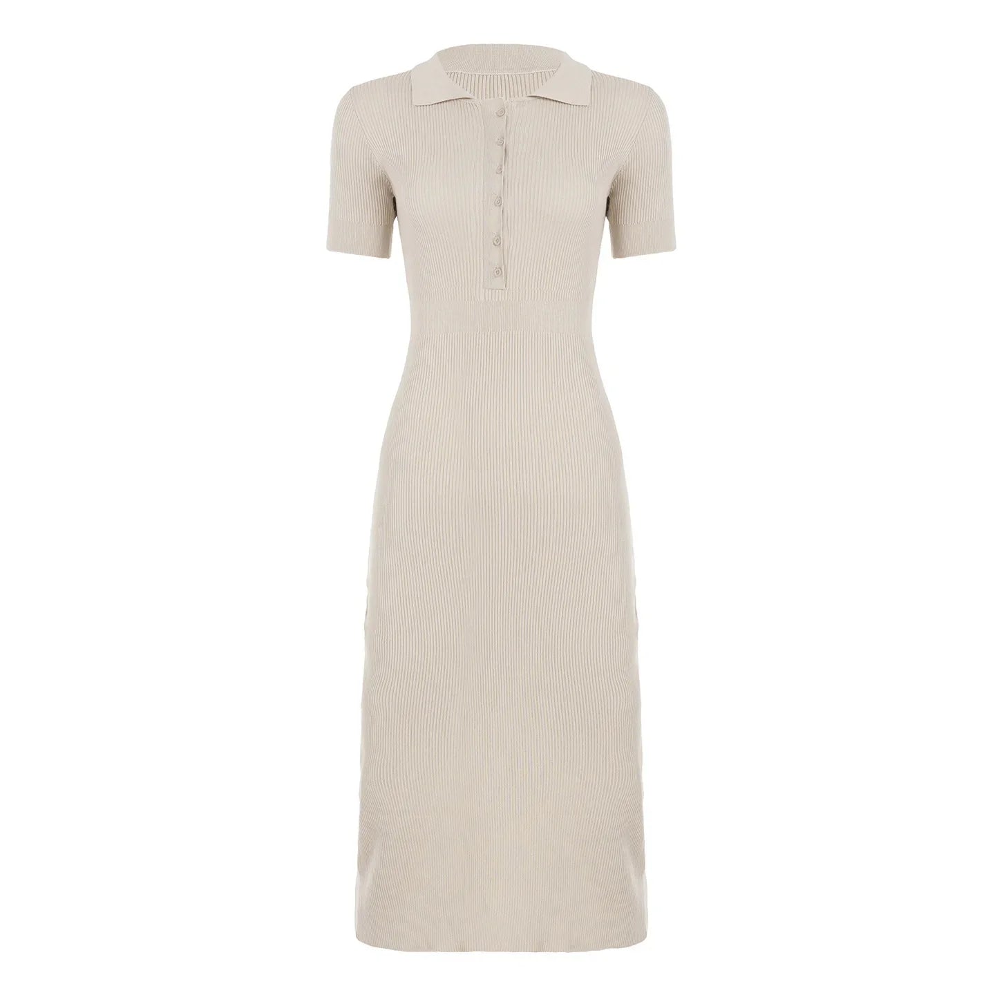 Lightweight Maxi Dress with Hollow Out Knit Polo Neck and Button Front