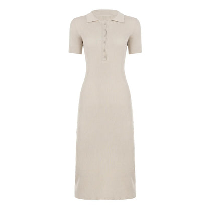 Lightweight Maxi Dress with Hollow Out Knit Polo Neck and Button Front