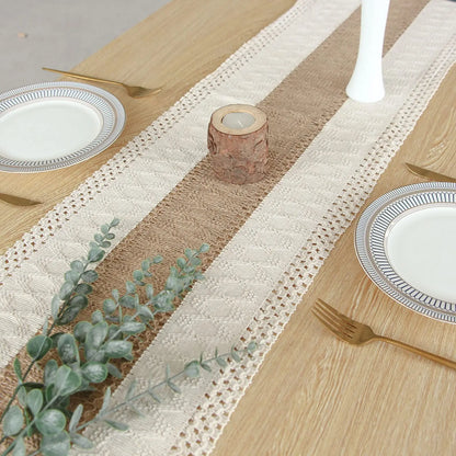 Rustic Burlap Table Runner with Crochet Lace Edge for Farmhouse Dining