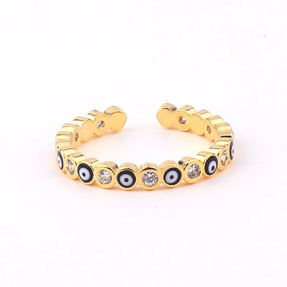 Adjustable Ring with Blue Evil Eye Open Copper Gold Tone Zircon Accent