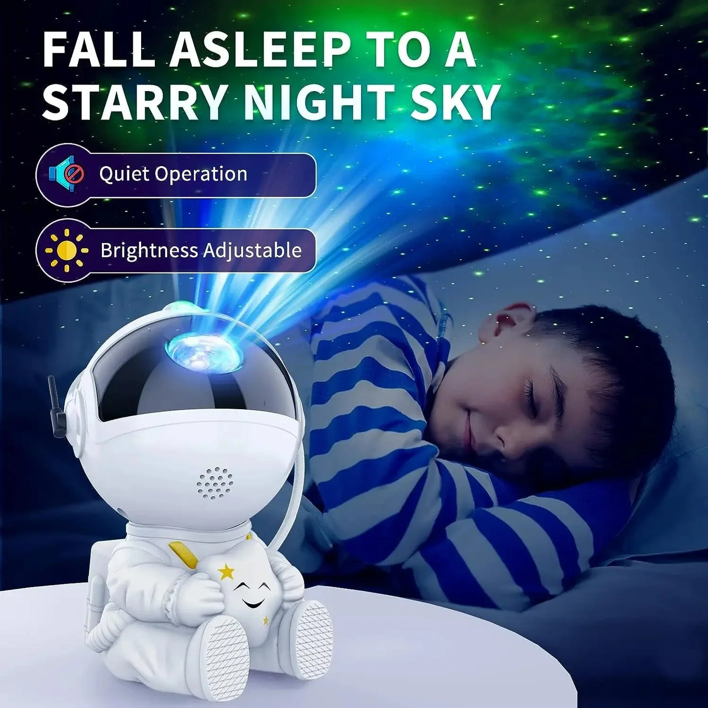 White astronaut LED star projector with adjustable brightness for a bedroom ceiling light.
