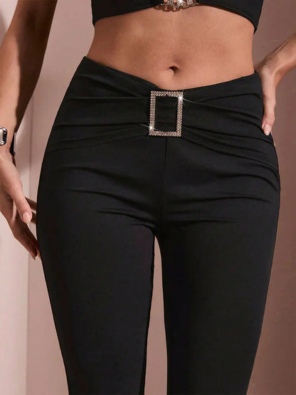 Sequined Pants with Belted Flared Design for Women Black Ankle Length Contouring Silhouette