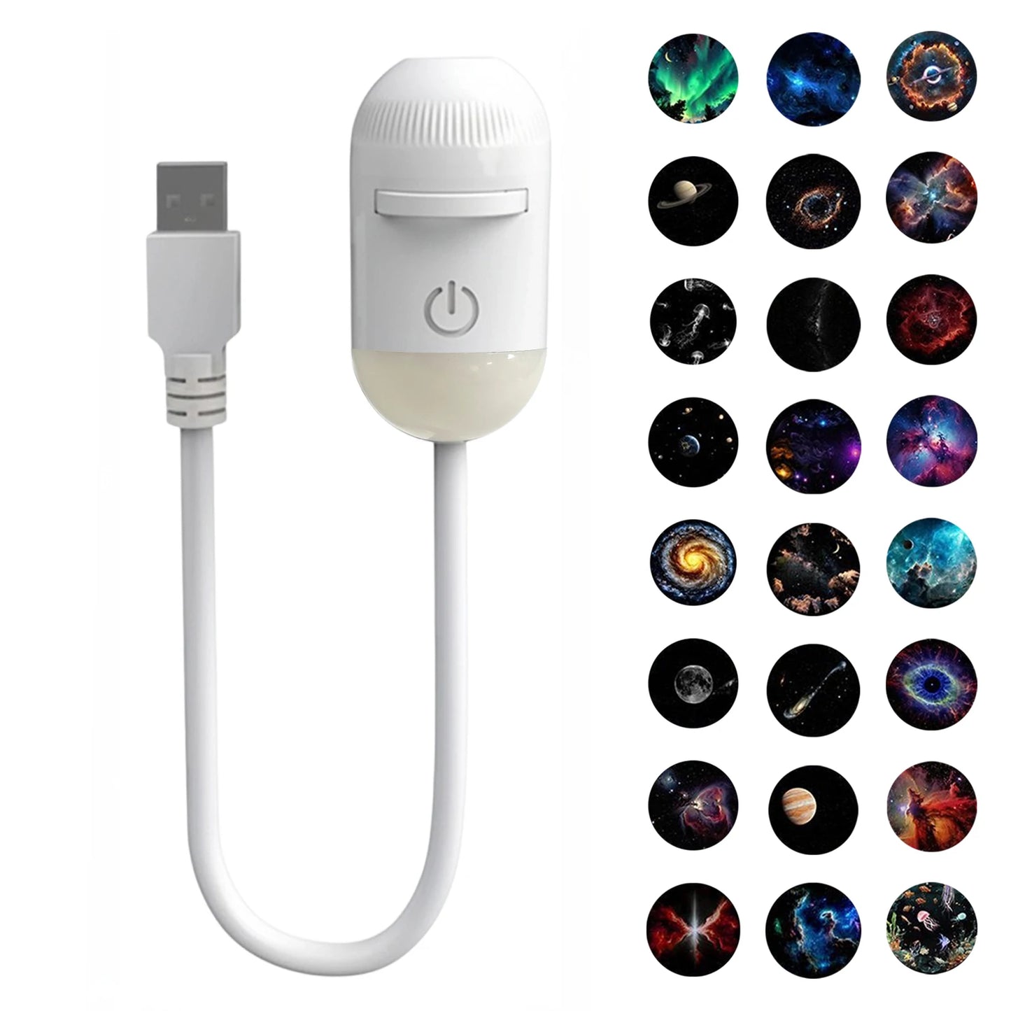 White USB mini galaxy star projector night light with portable LED nebula ceiling projection for bedroom relaxation.
