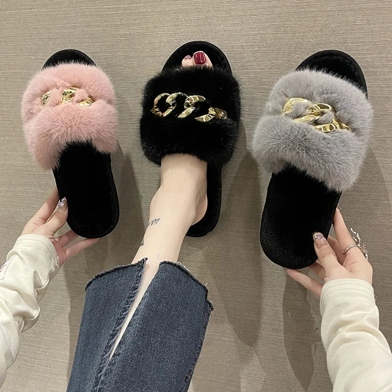 Plush Slippers for Women with Chain Detail and Cushioned Sole