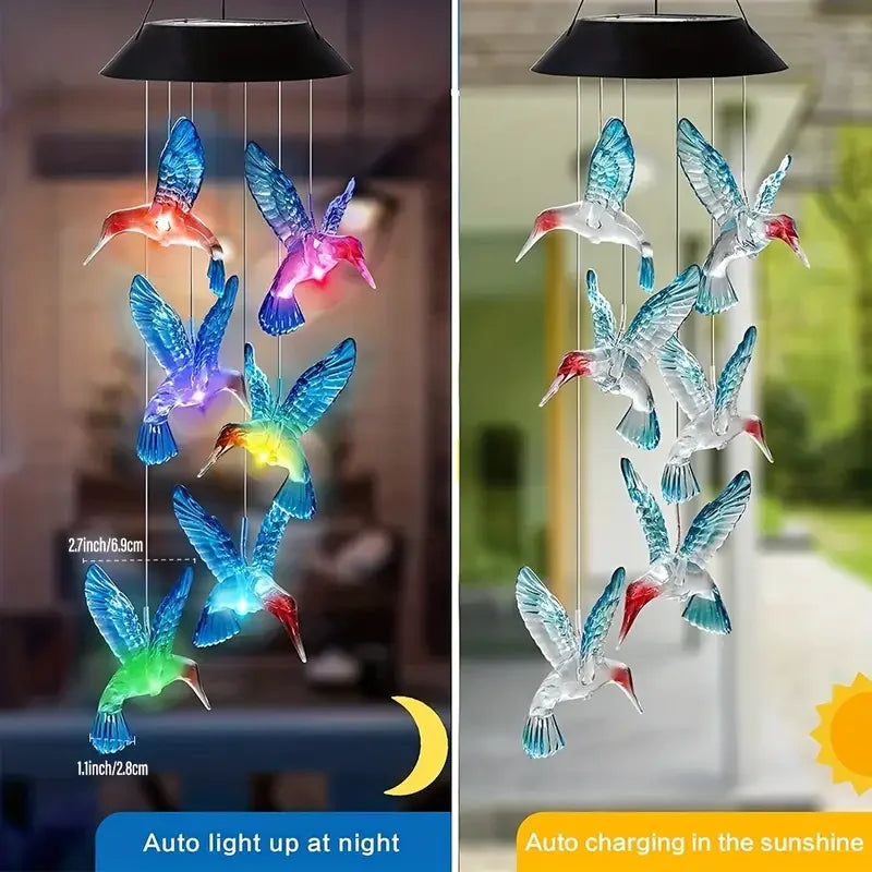 Home decor solar wind chimes with hanging LED hummingbird lights for outdoor garden patio