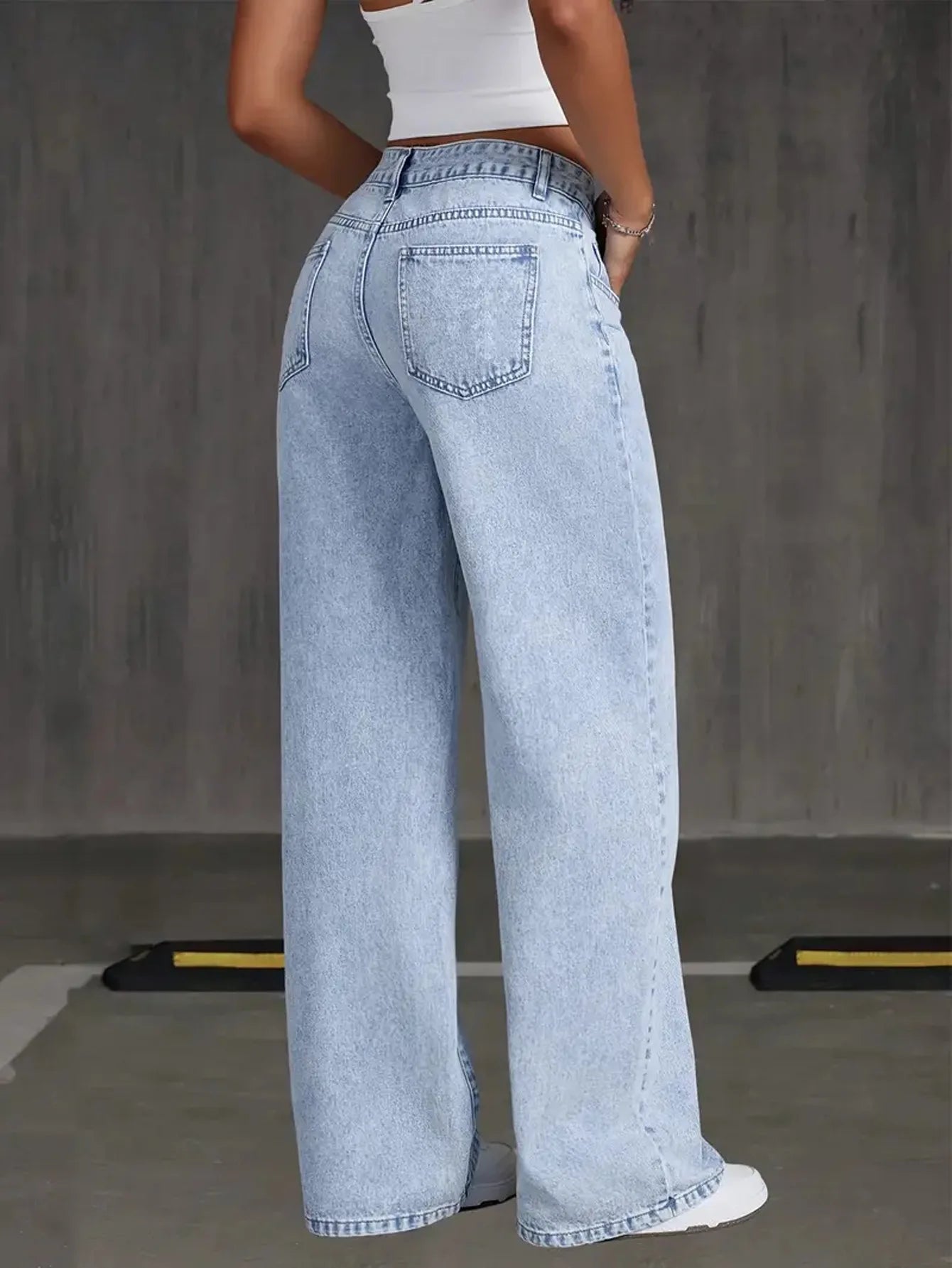 Stretchy Denim Wide Leg Pants with Pockets and Subtle Distressing for Everyday Ease