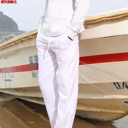 Men's Linen Pants With Wide Leg And Loose Fit With Drawstring Waist For Lightweight Breathable Comfort