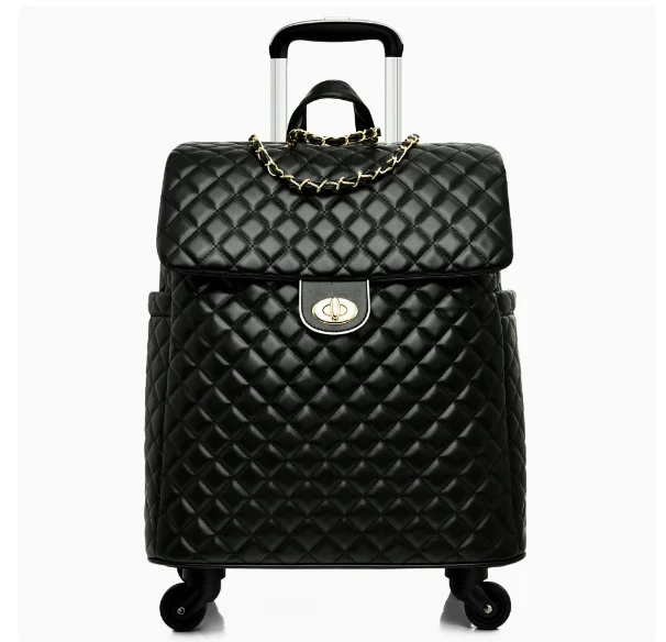 Black quilted leather rolling travel bag with gold chain strap, twist-lock closure, and retractable handle.