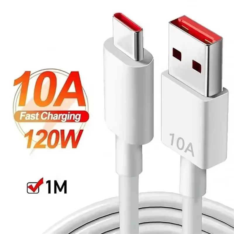White fast charging cable with USB-C and USB-A connectors for rapid device power delivery.