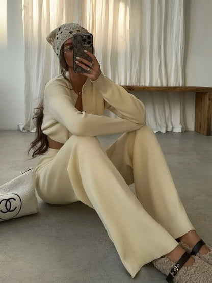 Women’s Knit Cardigan And Pants Set Slim Fit Long Sleeve Winter