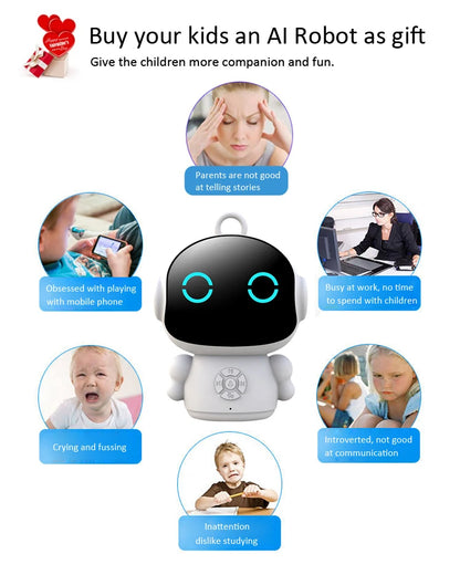 White plastic education robot with blue light-up eyes and voice interaction, useful for children's learning and play.