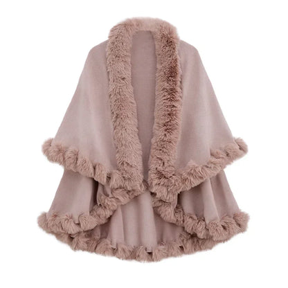 Double Layer Faux Fur Trim Womens Knitted Poncho Shawl Warm Cape Multiple Colors Ideal for Fall and Winter Daily and Formal Wear