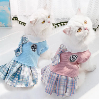 Knitted dog dress with a plaid skirt for everyday outings