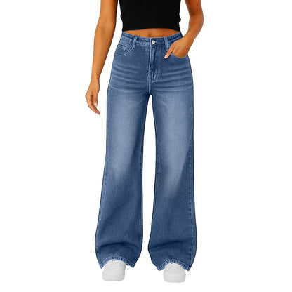 Soft Light Blue Wide Leg Jeans High Waist With Front Pockets Stretch