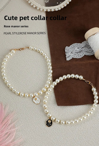 Pet Cat Collars Pearl Rose Pendant Necklace Cat Dog Pearl Collar Pet Pendant Cute High Beauty Retro Decoration Teddy Dog Collar