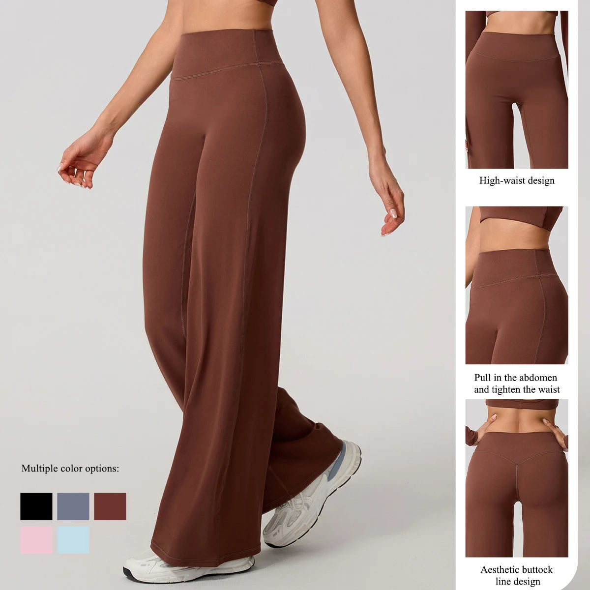 Brown, high waist sculpting leggings in stretchy knit fabric for yoga and active daily wear.
