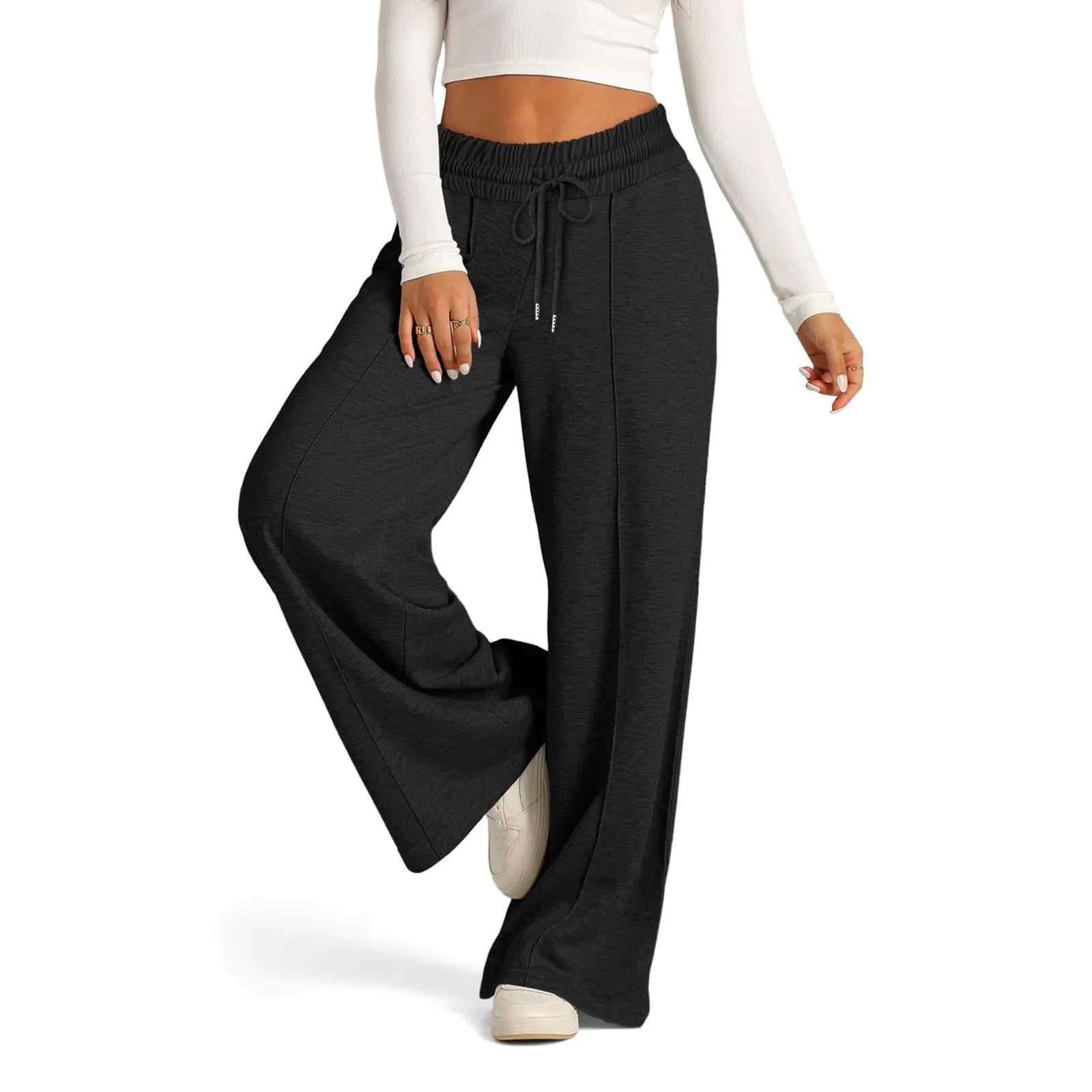 Black fleece-lined high waist wide leg pants with a drawstring, useful for cold weather outdoor activities.