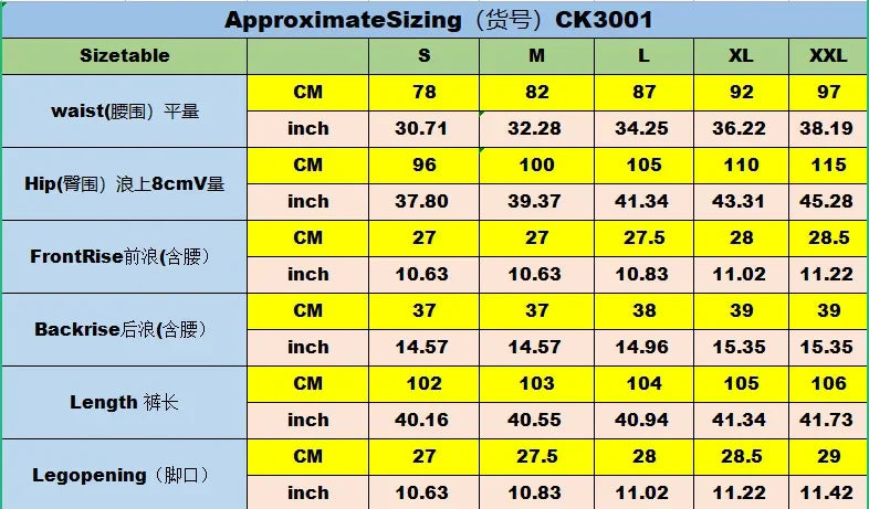 Blue and yellow size chart for slim straight fit jeans with measurements for waist, hip, and length.