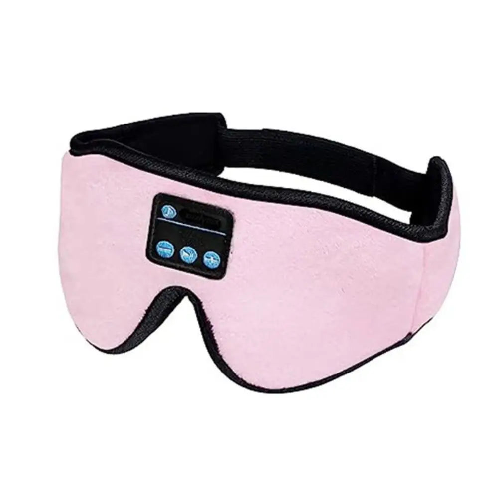 Pink wireless sleep eye mask with black trim and a control panel featuring three blue buttons on the front.