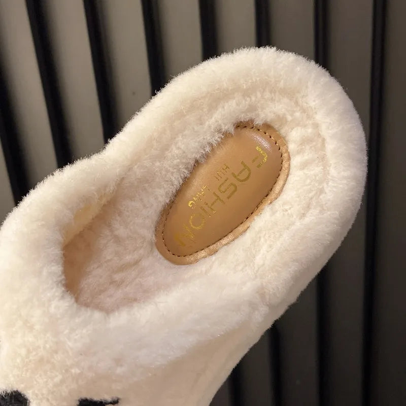 Warm Slippers for Women Indoor Non Slip Plush Traction Rubber Sole With Wedge Heel