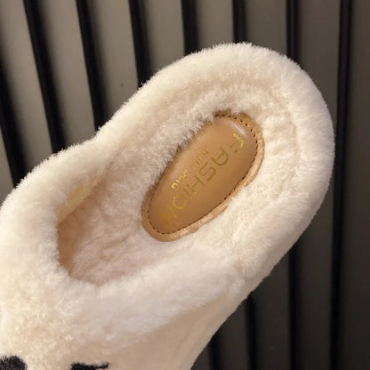 Warm Slippers for Women Indoor Non Slip Plush Traction Rubber Sole With Wedge Heel