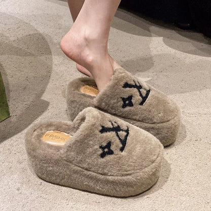 Warm Slippers for Women Indoor Non Slip Plush Traction Rubber Sole With Wedge Heel