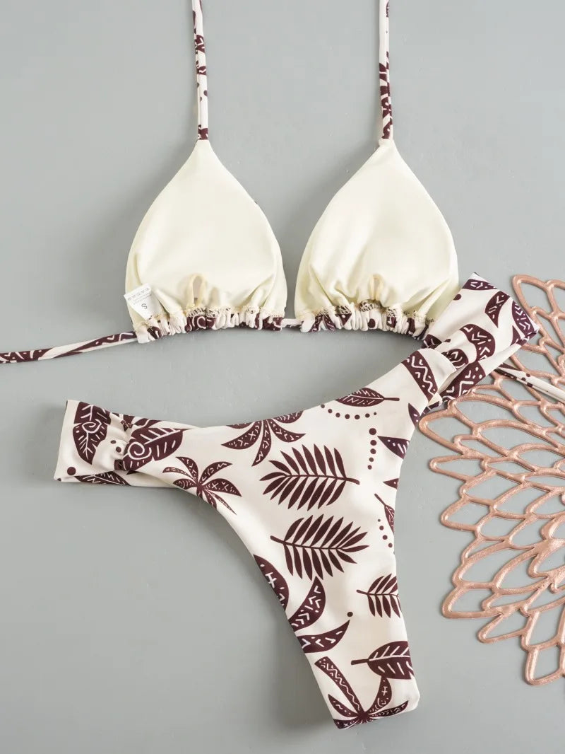 Women's Triangle Lace-Up Bikini Set with Adjustable Straps and Thong Bottom