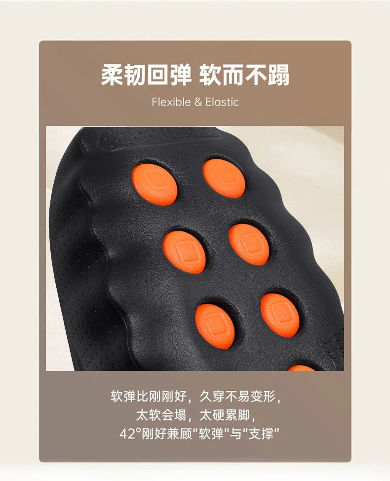 Black platform sandals featuring orange circular non-slip grips for cushioned comfort.
