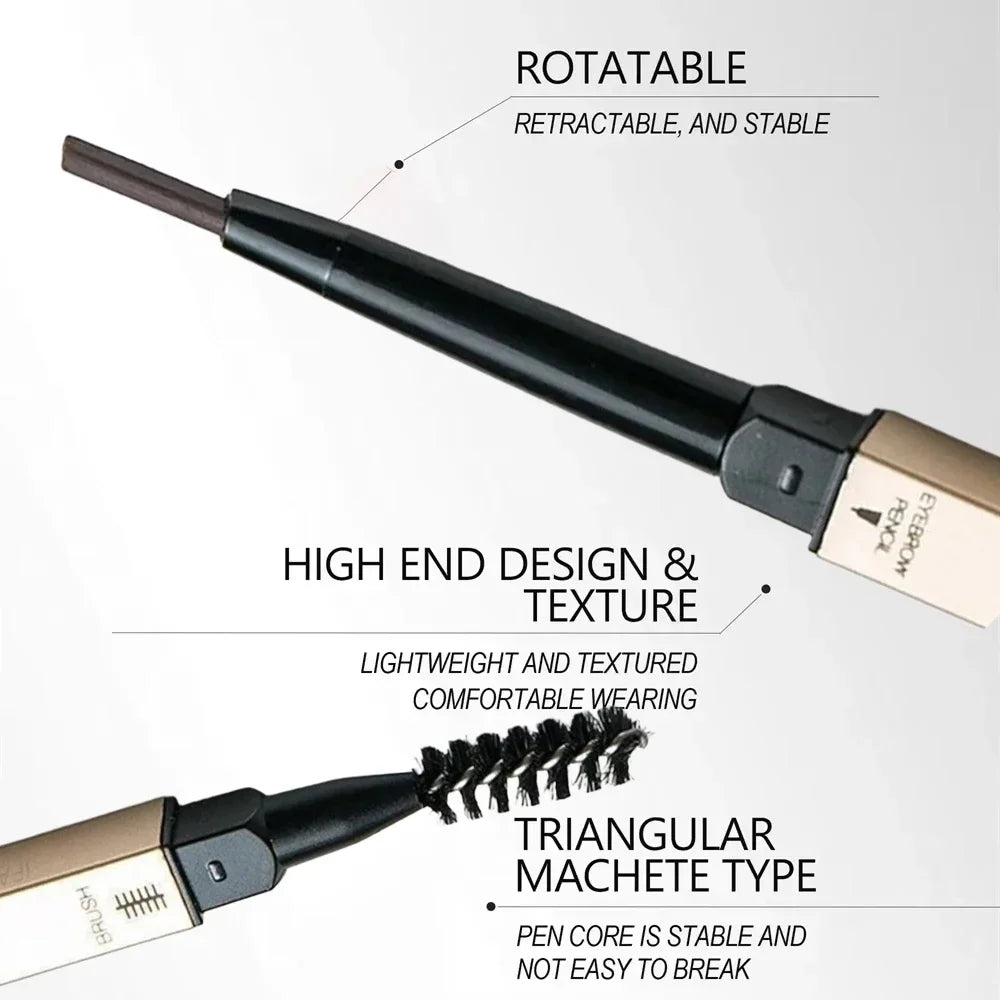 Waterproof eyebrow pencil with triangular tip and brush