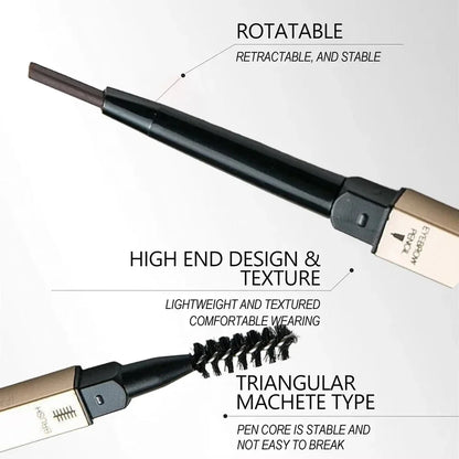 Waterproof eyebrow pencil with triangular tip and brush