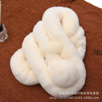 Thick white rabbit fur short scarf featuring a triple-tube style and a prominent pom pom accent.