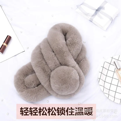 Taupe rabbit fur scarf, short triple-tube style with a pom-pom detail.